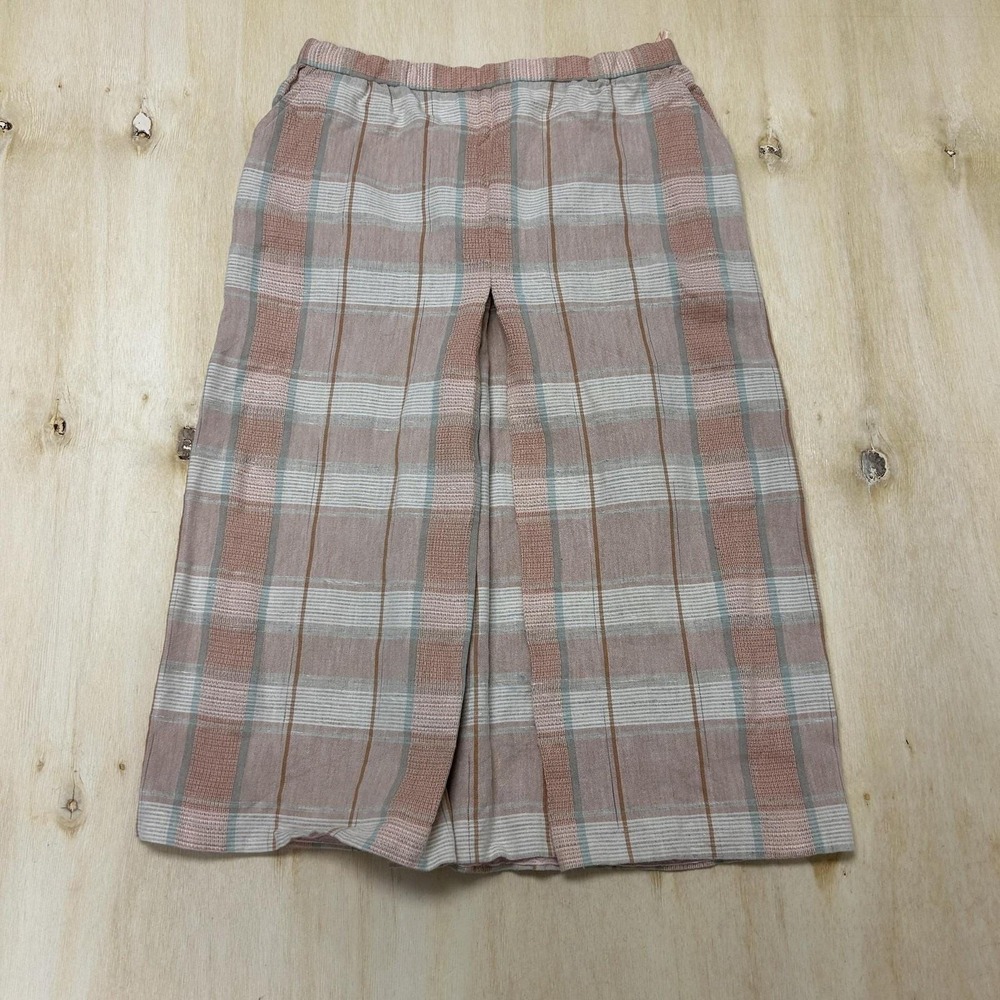 Vintage Halston Skirt Womens 10P Pink Plaid Twill Elastic Waist Knee Length 80s
